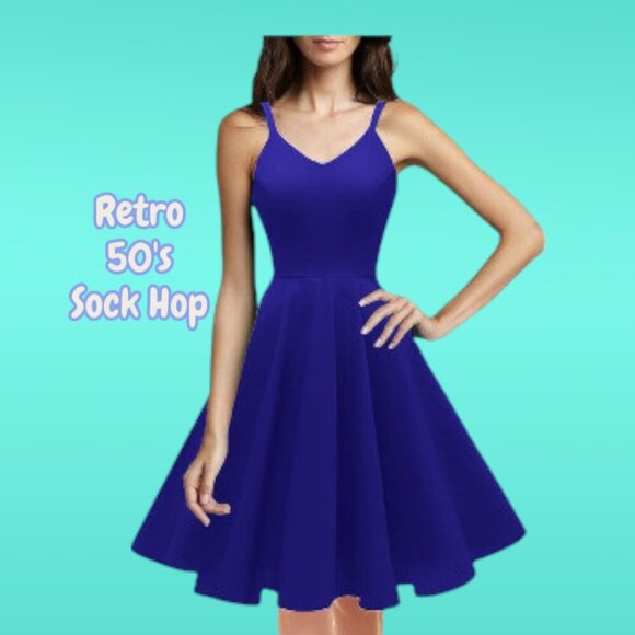 Retro 50's Swing Dance Skater Cotton Dress in Royal Blue - Picture 1 of 7